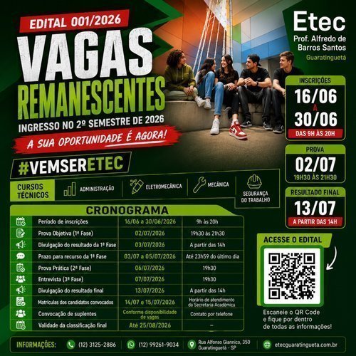 Inscrições para vagas remanescentes no 2º semestre de 2026