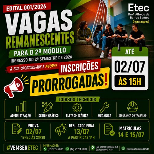Inscrições para vagas remanescentes no 2º semestre de 2026